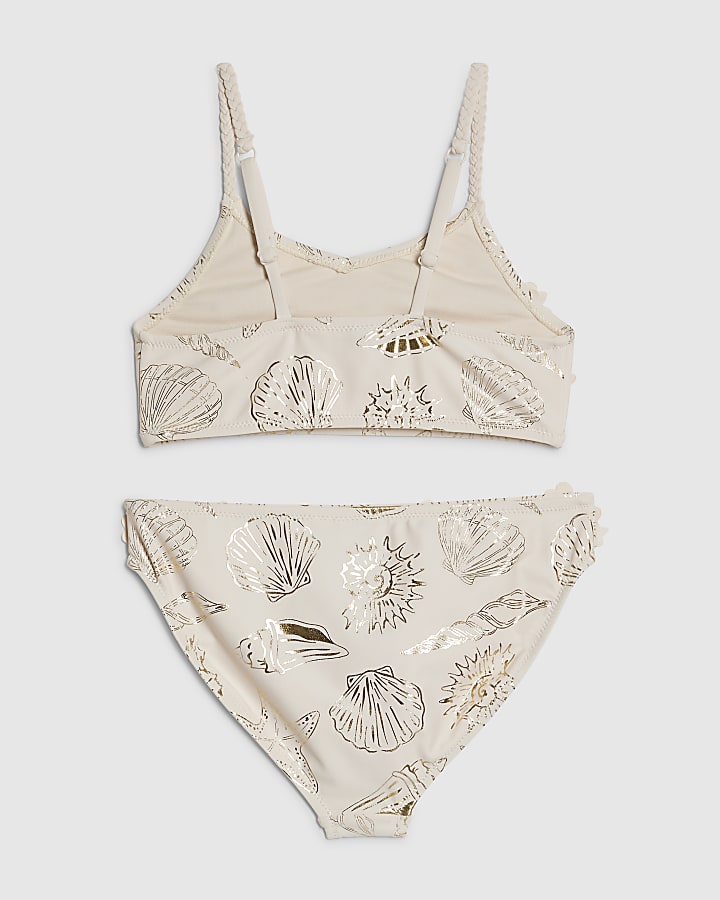River Island Girls Cream Gold Foil 3D Flower Bikini Set