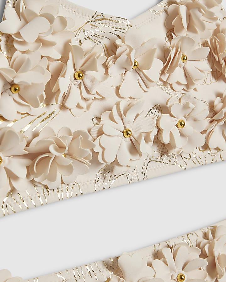 River Island Girls Cream Gold Foil 3D Flower Bikini Set