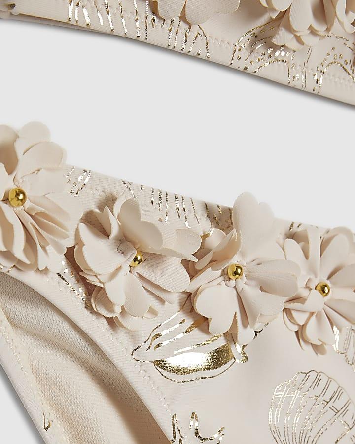 river island Girls Cream Gold Foil 3D Flower Bikini Set