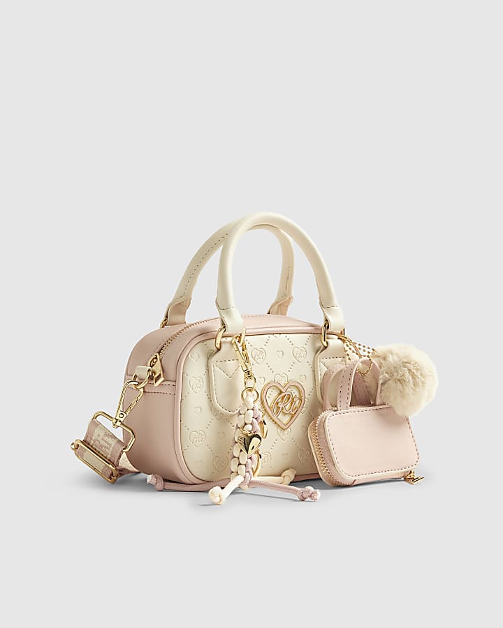 River Island Girls Cream Monogram Charm Mini Bowler Bag