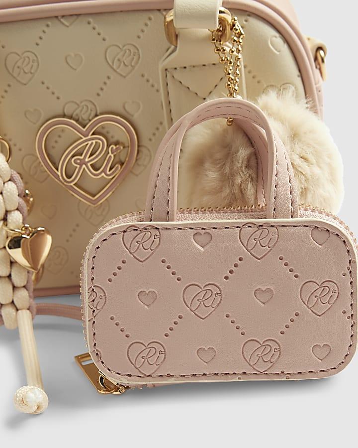 River Island Girls Cream Monogram Charm Mini Bowler Bag