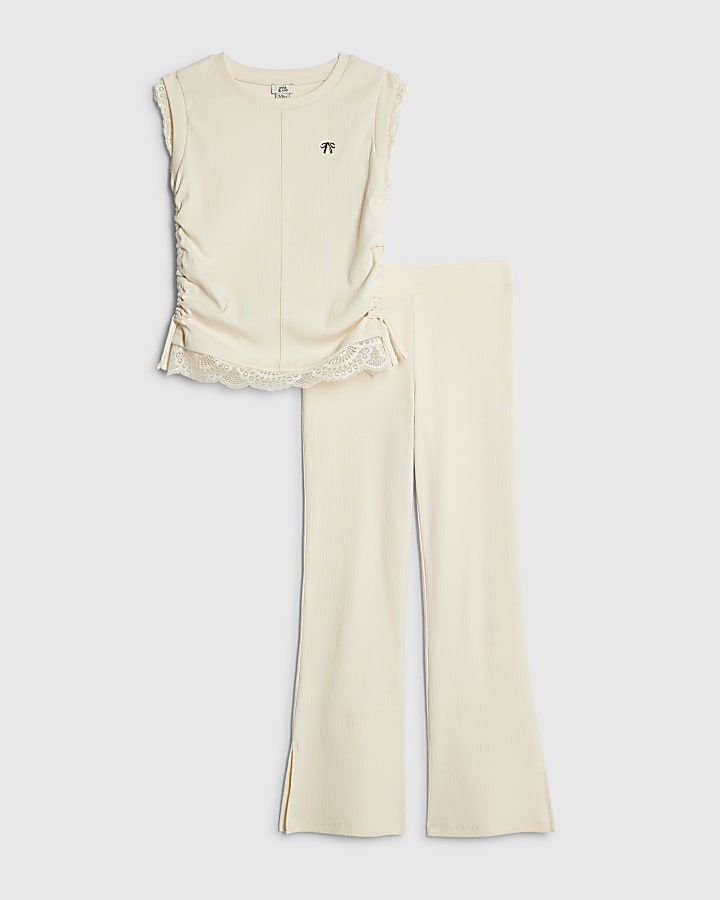 River Island Girls Cream Ruched Ribbed Leggings Set
