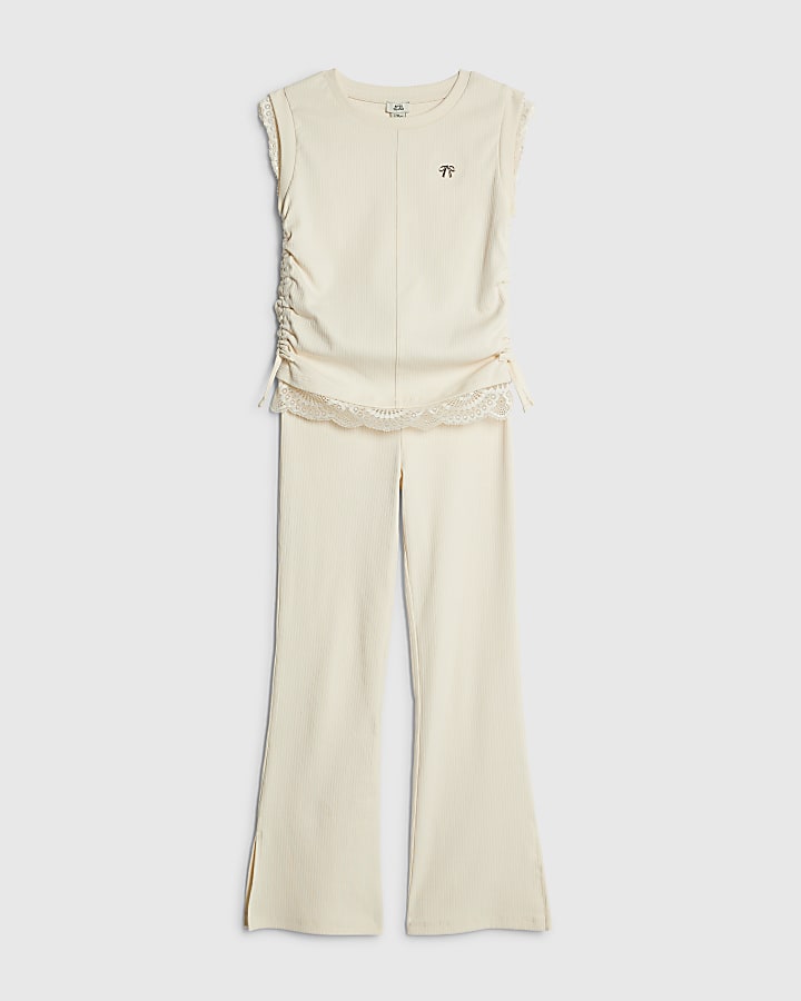 River Island Girls Cream Ruched Ribbed Leggings Set