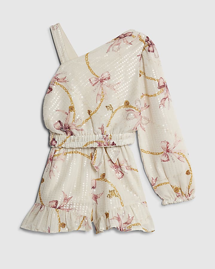 River Island Girls Cream Sequin Bow Chain Print Top Set