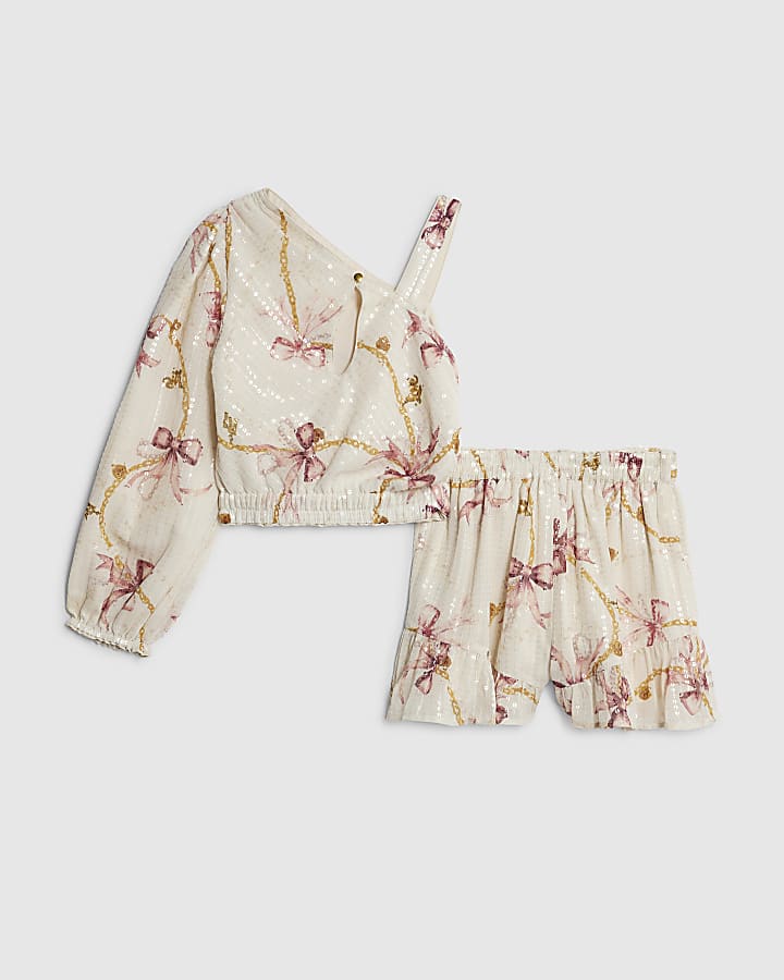 River Island Girls Cream Sequin Bow Chain Print Top Set