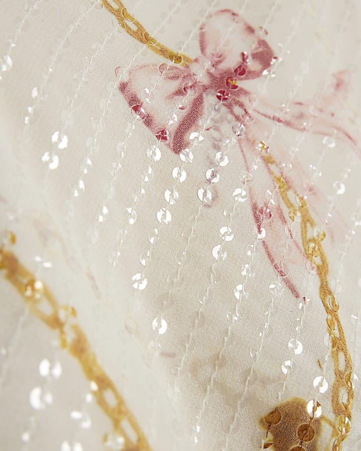 River Island Girls Cream Sequin Bow Chain Print Top Set