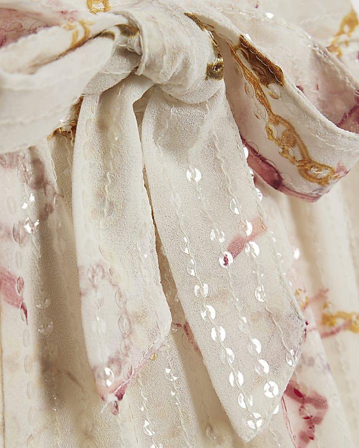 river island Girls Cream Sequin Bow Chain Print Top Set