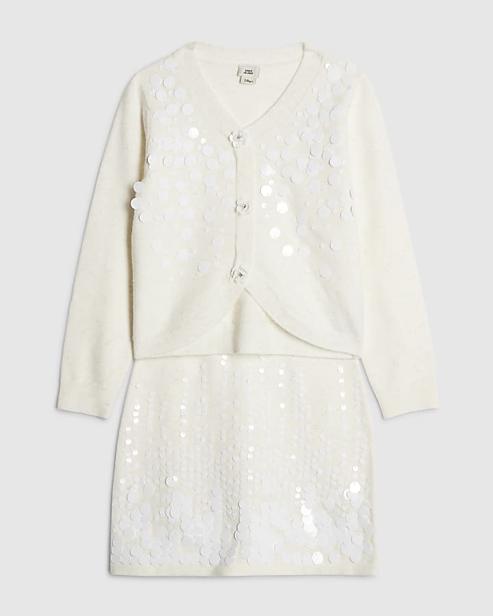 River Island Girls Cream Sequin Cardigan And Skirt Set