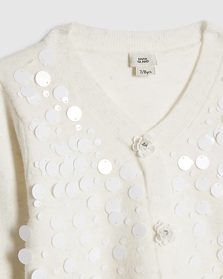 River Island Girls Cream Sequin Cardigan And Skirt Set