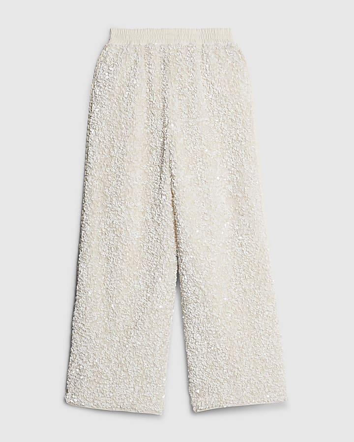 River Island Girls Cream Sequin RI Side Taped Trousers