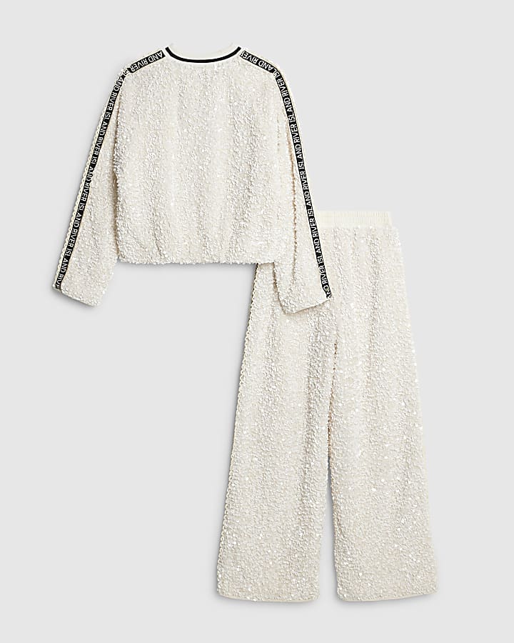 River Island Girls Cream Sequin RI Side Taped Trousers