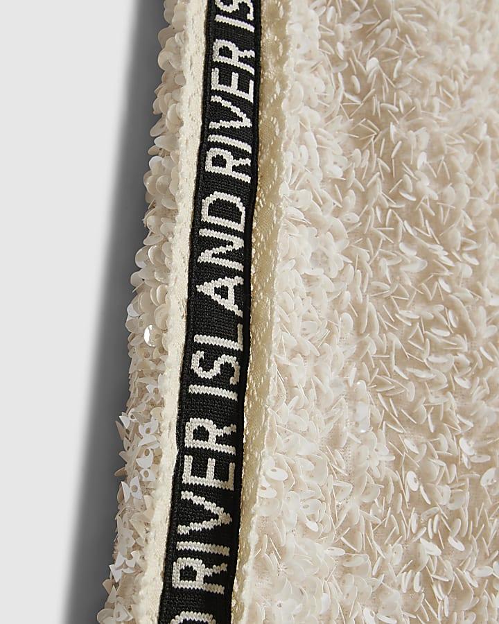 river island Girls Cream Sequin RI Side Taped Trousers