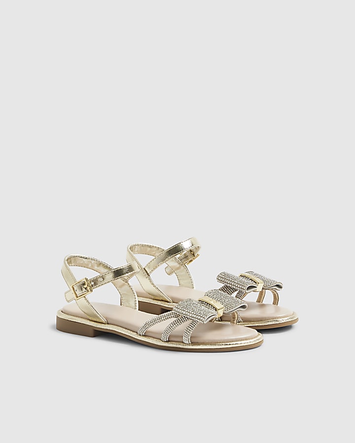 River Island Girls Gold Diamante Strappy Bow Sandals