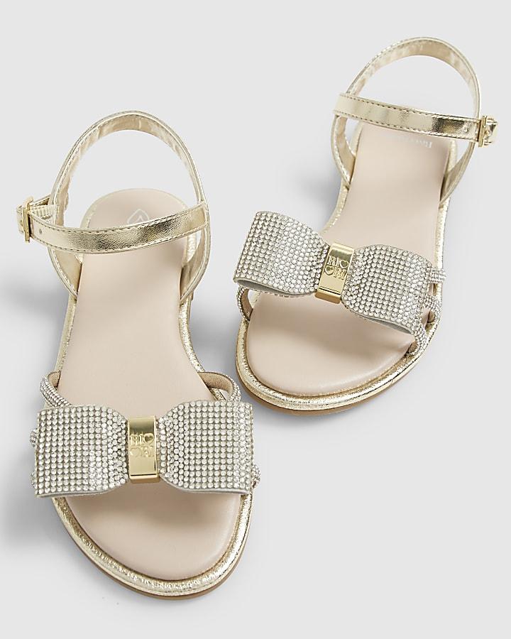 River Island Girls Gold Diamante Strappy Bow Sandals