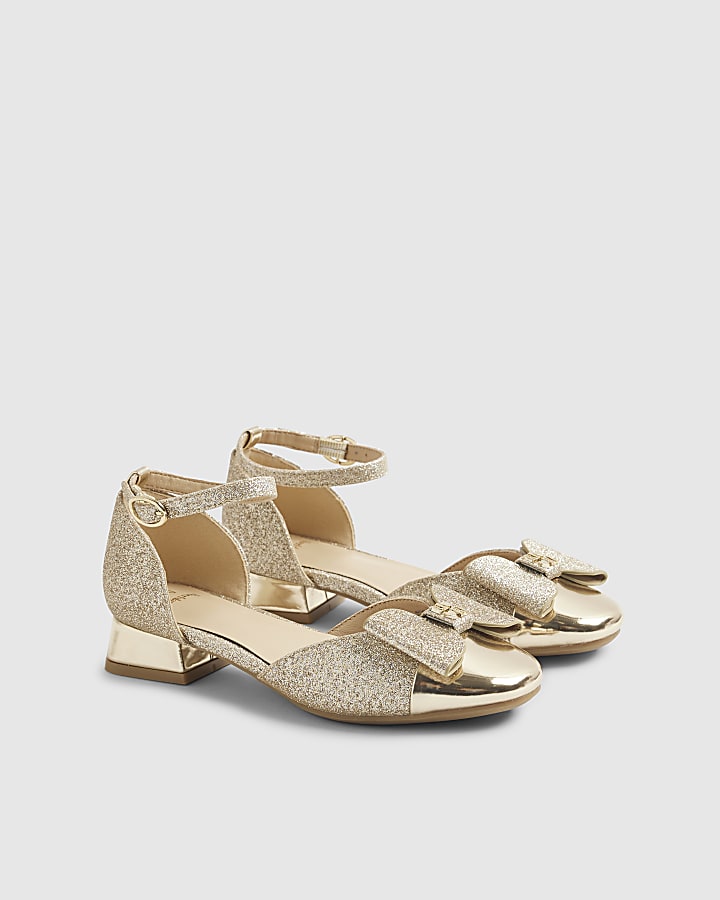 River Island Girls Gold Glitter Bow Heel Mary Jane Shoes