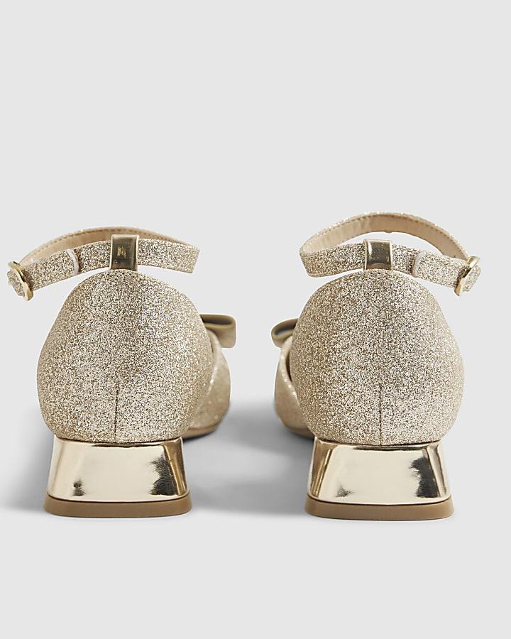 River Island Girls Gold Glitter Bow Heel Mary Jane Shoes