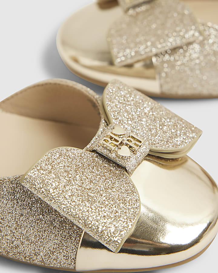 river island Girls Gold Glitter Bow Heel Mary Jane Shoes