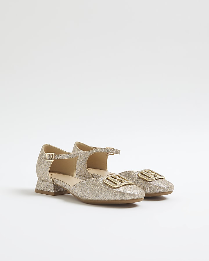 River Island Girls Gold Glitter Heeled Mary Jane Shoes