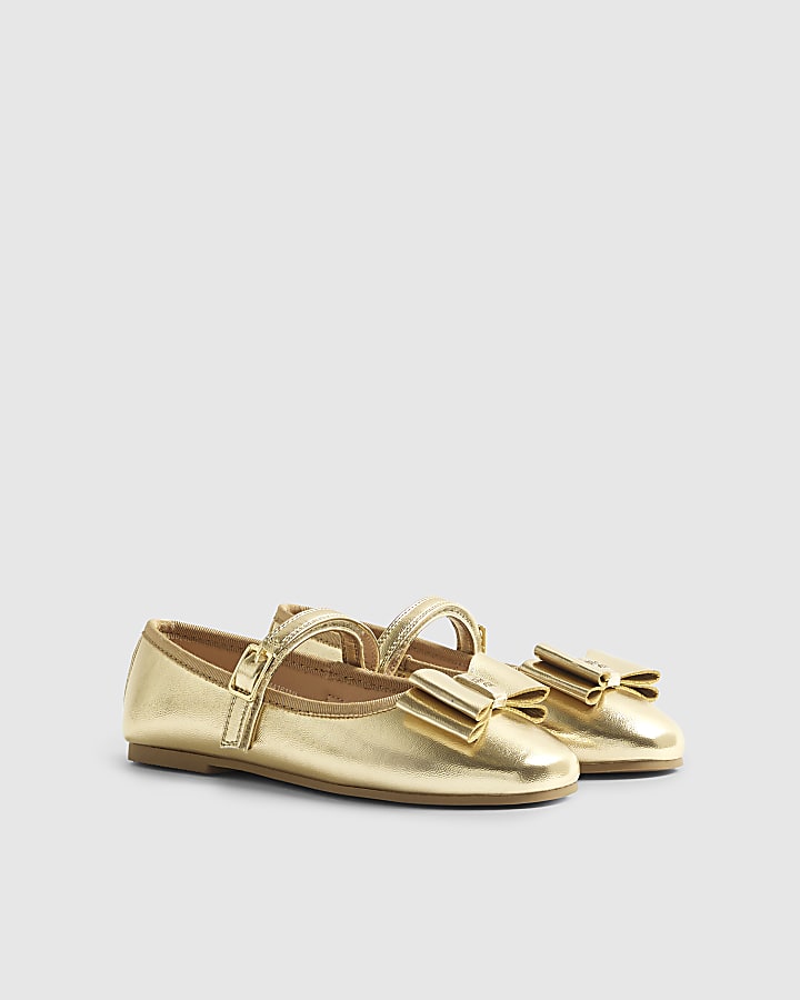 River Island Girls Gold Metallic Bow Ballerina Pumps