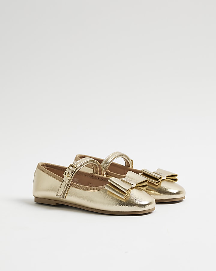 River Island Girls Gold Metallic Bow Ballerina Pumps