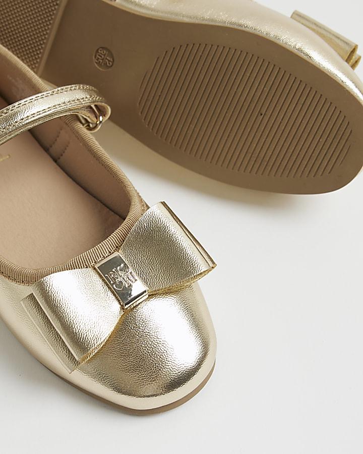 river island Girls Gold Metallic Bow Ballerina Pumps