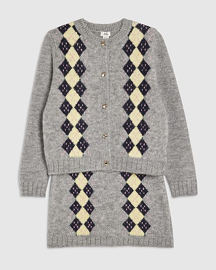 River Island Girls Grey Argyle Cardigan And Skirt Set