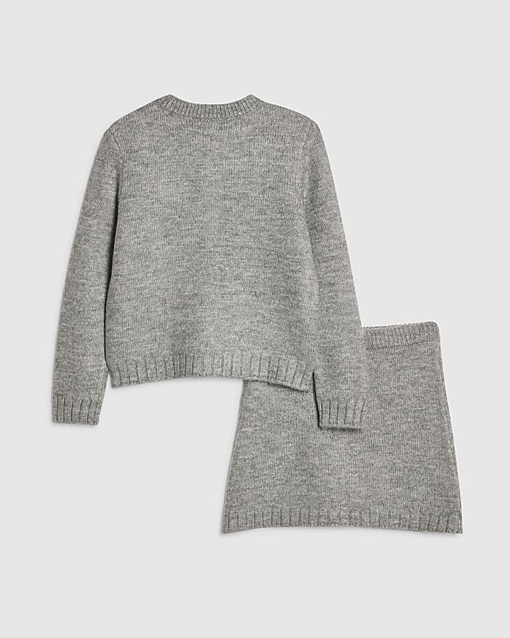 River Island Girls Grey Argyle Cardigan And Skirt Set