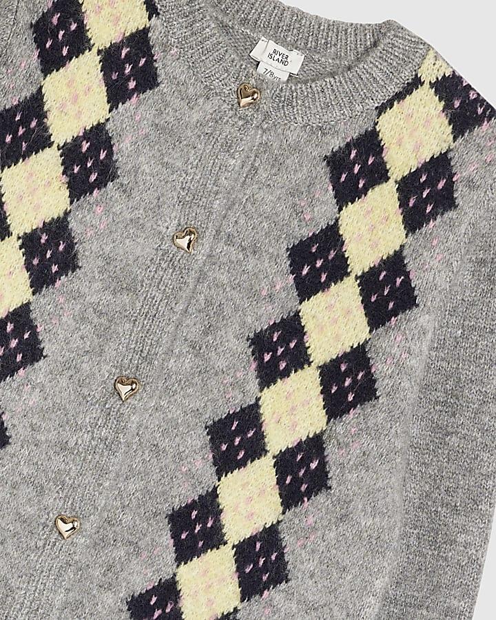 River Island Girls Grey Argyle Cardigan And Skirt Set