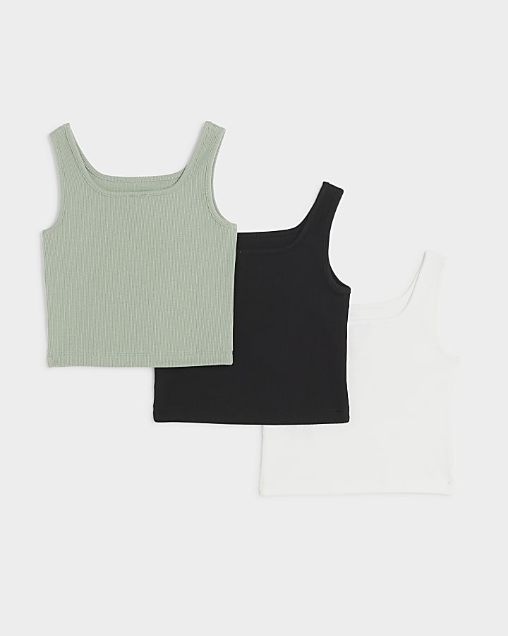 River Island Girls Khaki Ribbed Square Neck Vest 3 Pack