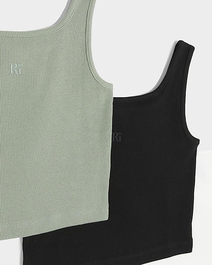 River Island Girls Khaki Ribbed Square Neck Vest 3 Pack