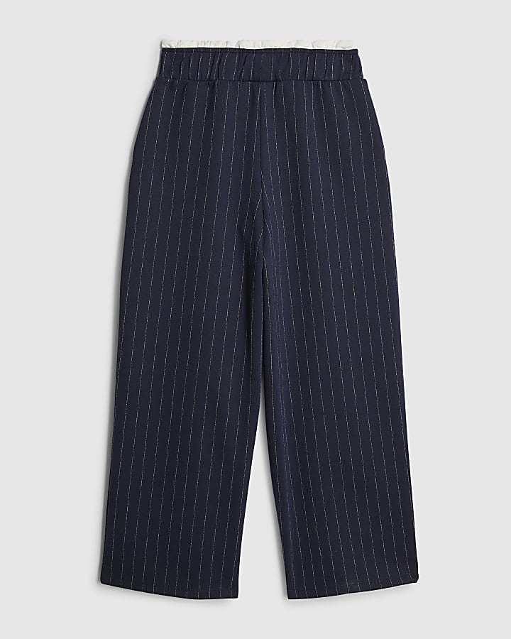 River Island Girls Navy Pinstripe Wide Leg Trousers