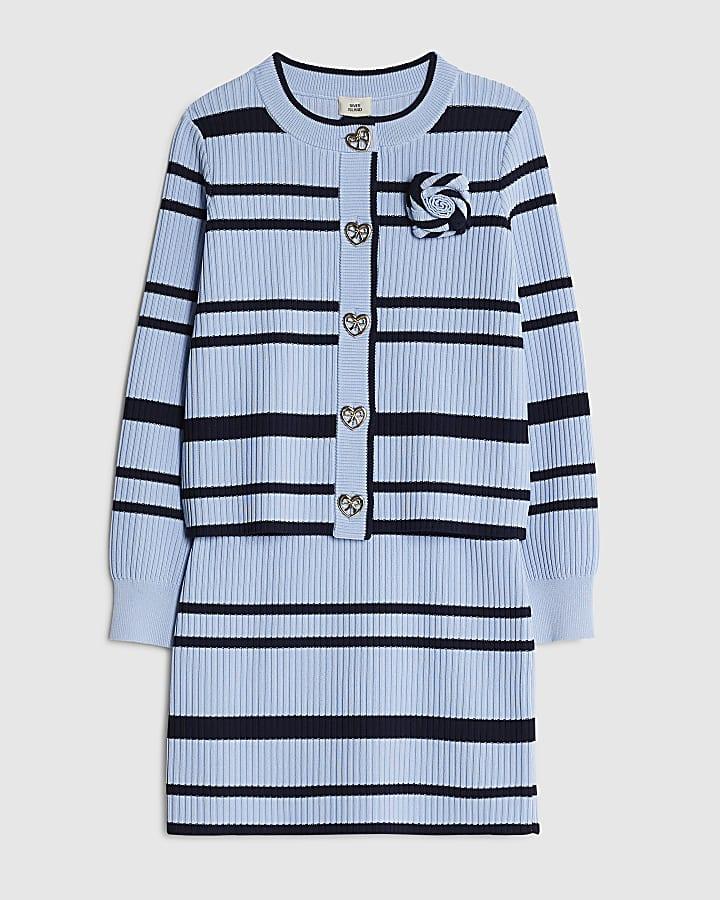 River Island Girls Navy Stripe Cardigan And Skirt Set