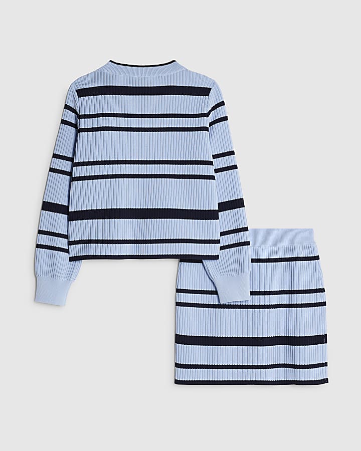 River Island Girls Navy Stripe Cardigan And Skirt Set