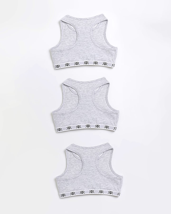 River Island Girls Pack Of 3 Grey RI Racer Crop Tops