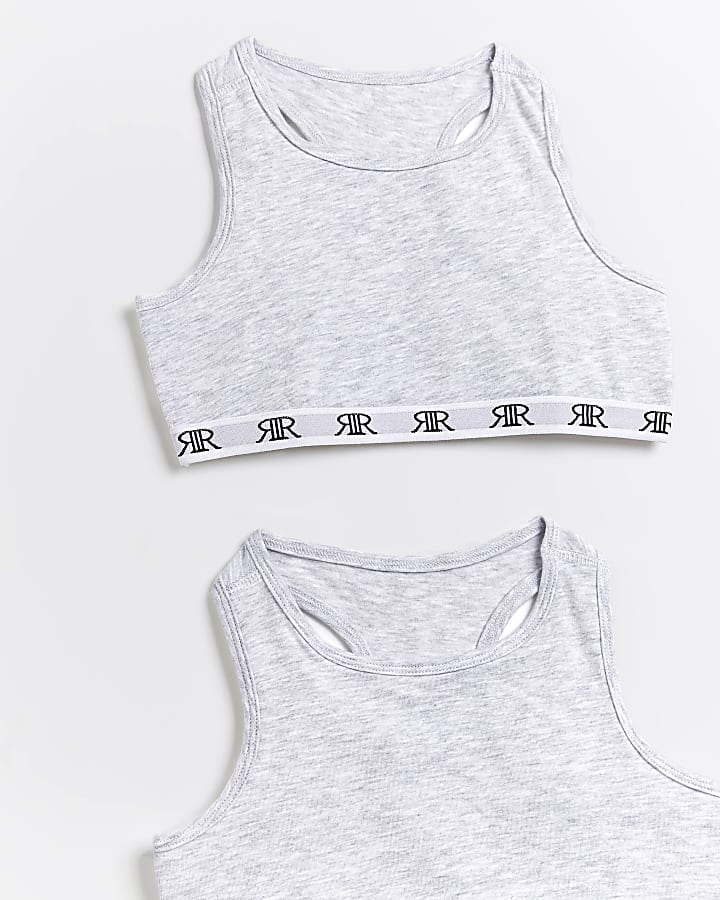 River Island Girls Pack Of 3 Grey RI Racer Crop Tops
