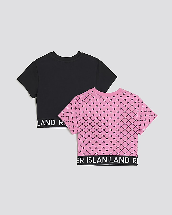 River Island Girls Pink 2 Pack Short Sleeve RI Crop Tops