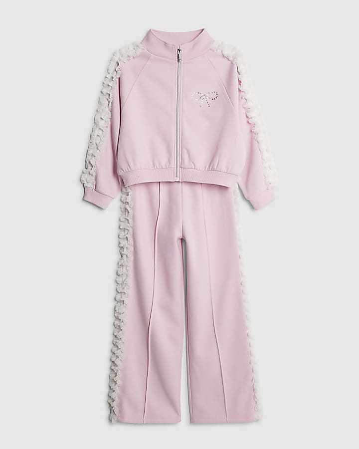 River Island Girls Pink Bow Side Ruffle Sweatshirt Set