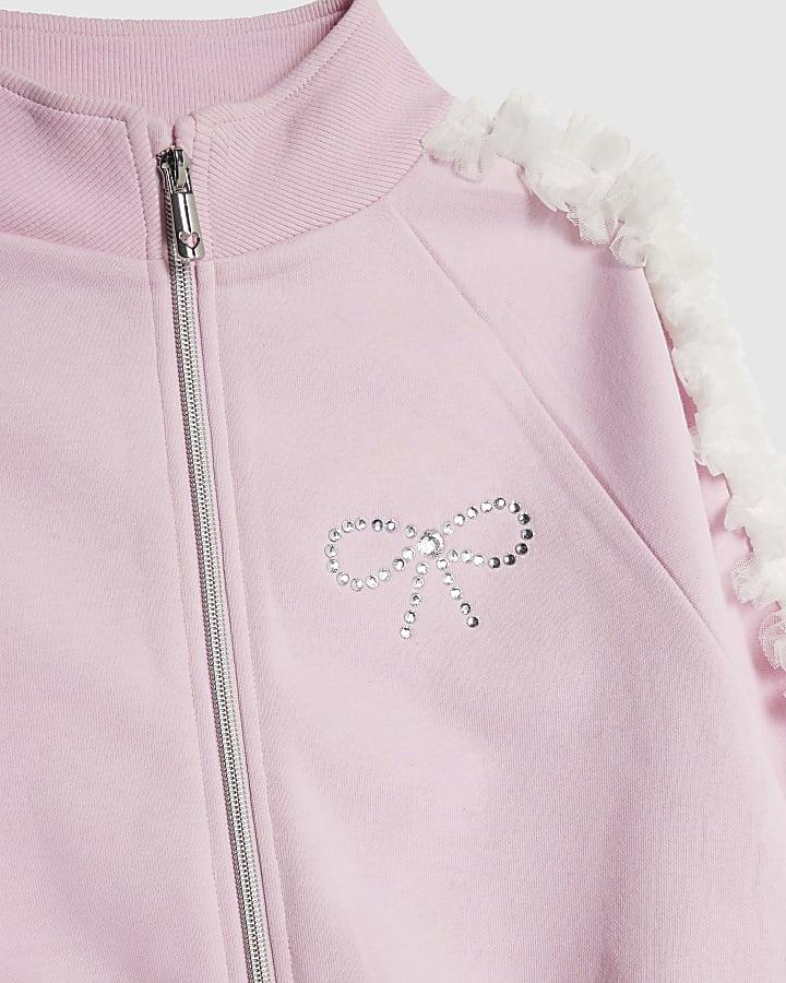 River Island Girls Pink Bow Side Ruffle Sweatshirt Set