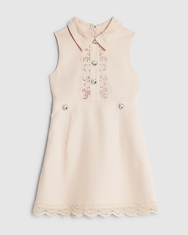 River Island Girls Pink Button Up Embellished Dress
