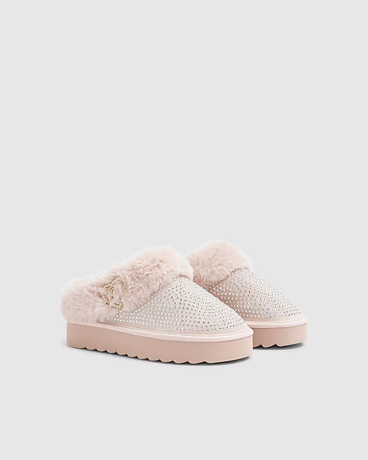 River Island Girls Pink Embellished Faux Fur Slippers