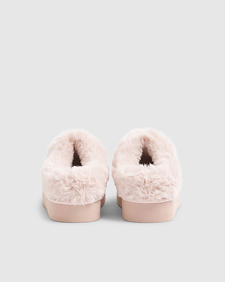 River Island Girls Pink Embellished Faux Fur Slippers