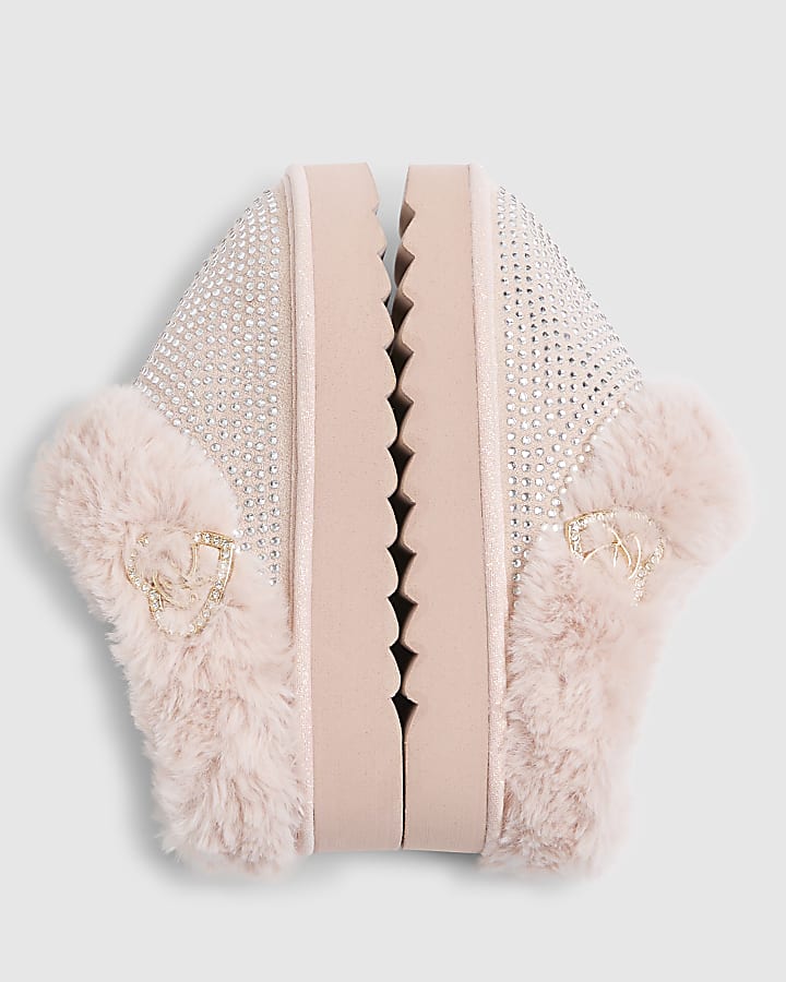 River Island Girls Pink Embellished Faux Fur Slippers