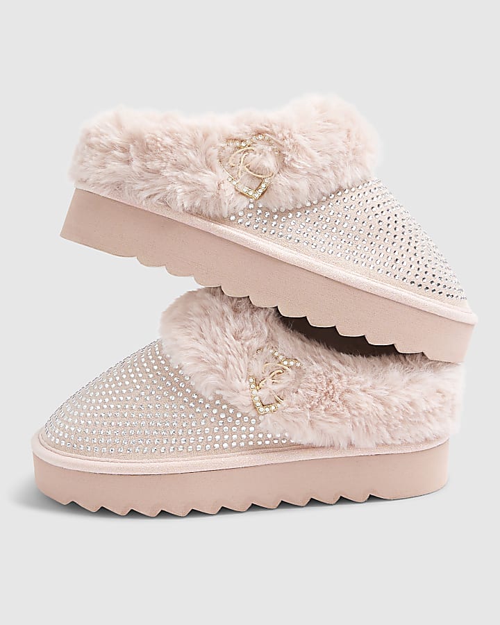 river island Girls Pink Embellished Faux Fur Slippers
