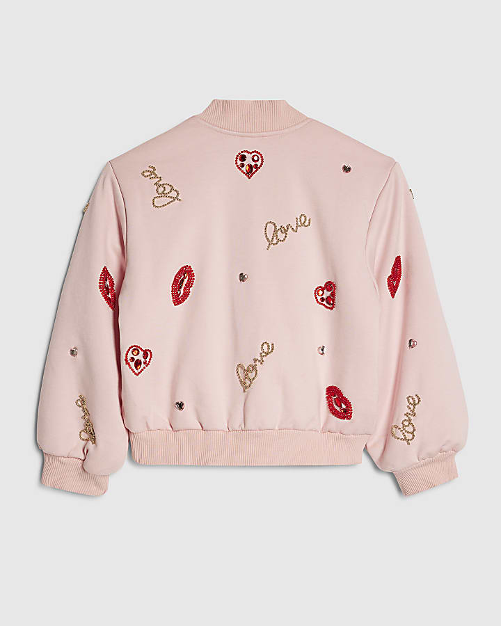 River Island Girls Pink Embellished Lips Bomber Jacket