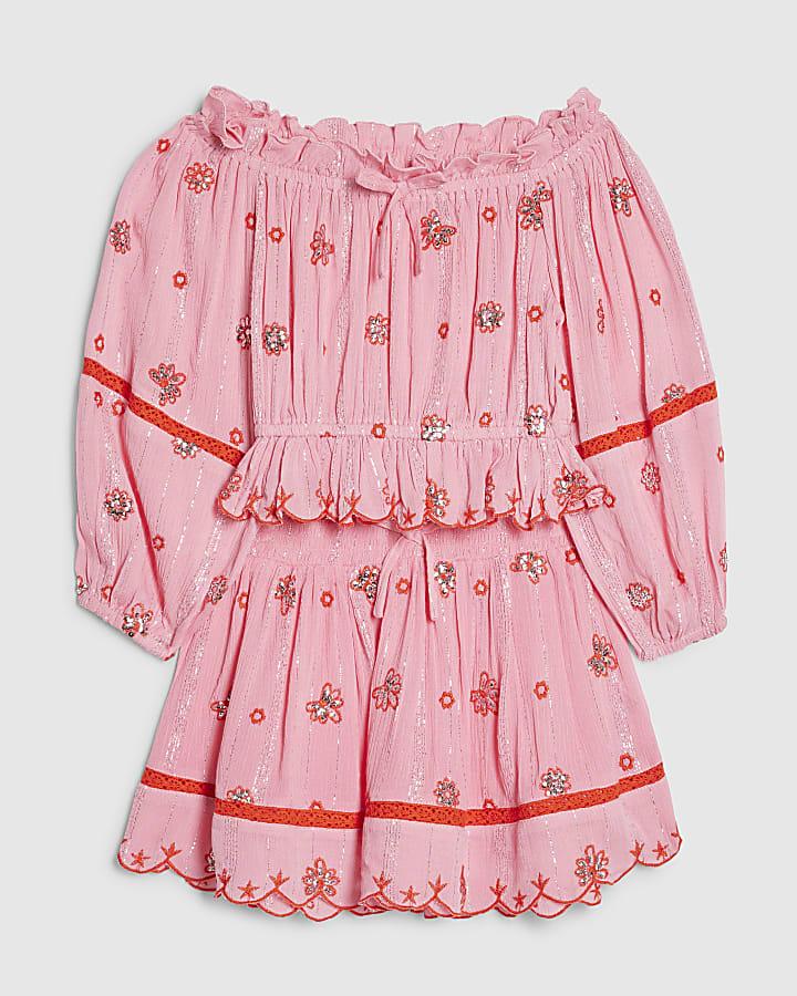 River Island Girls Pink Embroidered Mirror Skirt Set