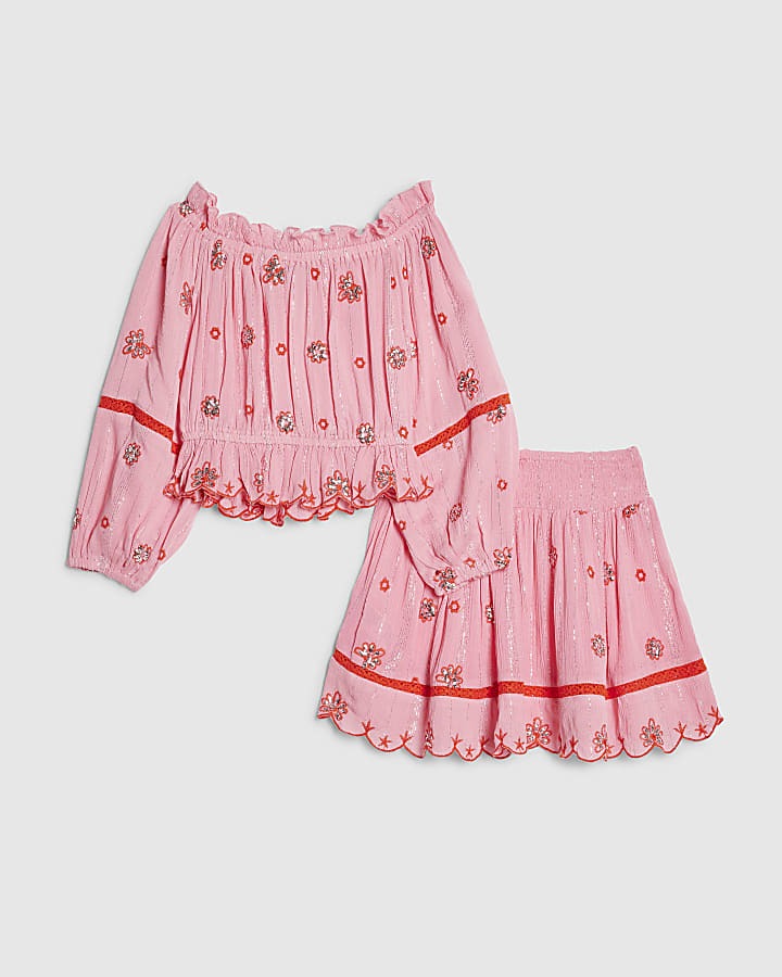 River Island Girls Pink Embroidered Mirror Skirt Set
