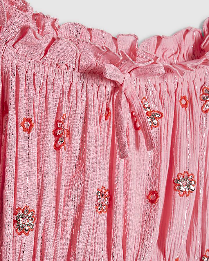 River Island Girls Pink Embroidered Mirror Skirt Set