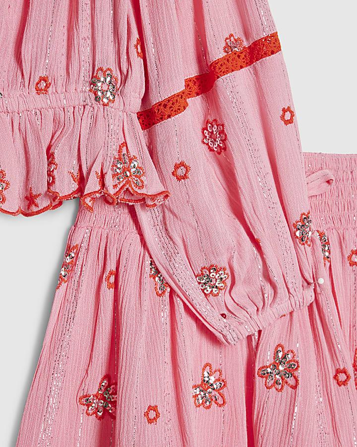 river island Girls Pink Embroidered Mirror Skirt Set