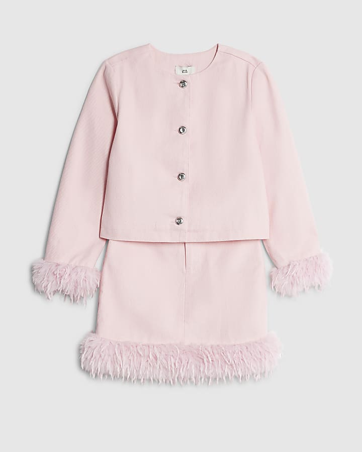 River Island Girls Pink Feather Trim Denim Skirt Set