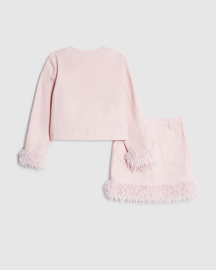 River Island Girls Pink Feather Trim Denim Skirt Set
